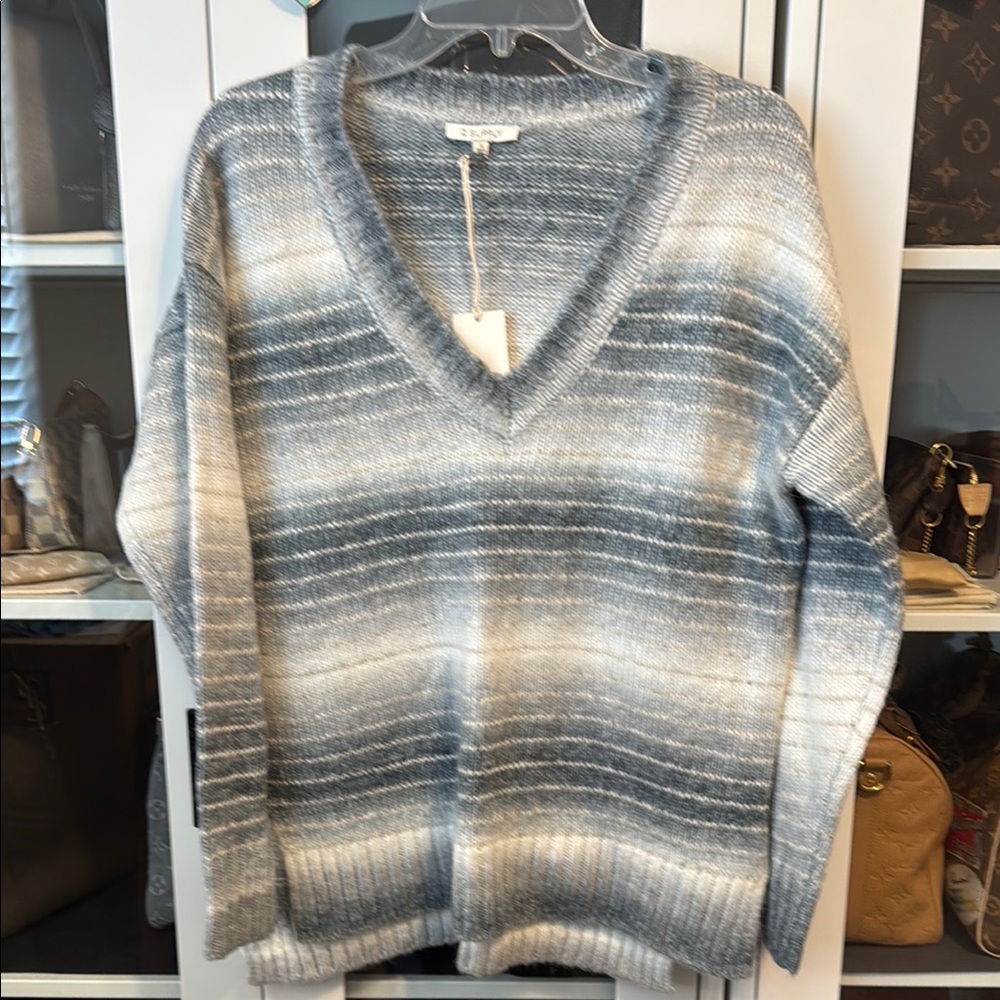 Z Supply Striped V-Neck Sweater in Gray and Cream size Small